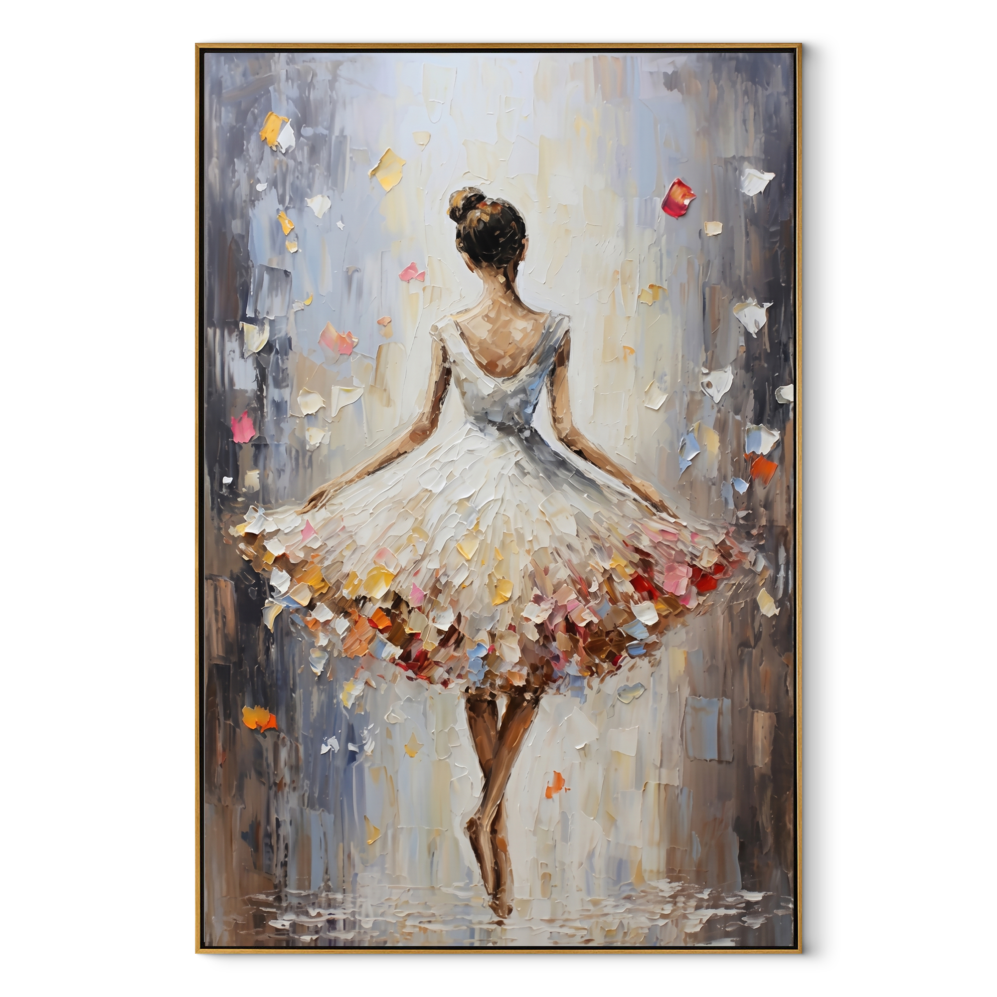 Confetti Hem Holds Balance - white ballet dancer by Marcus Lau, Retro Modern vertical wall art – wood frame on white background