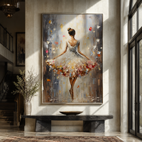 Confetti Hem Holds Balance - white ballet dancer by Marcus Lau, Retro Modern vertical wall art – styled room scene view 2