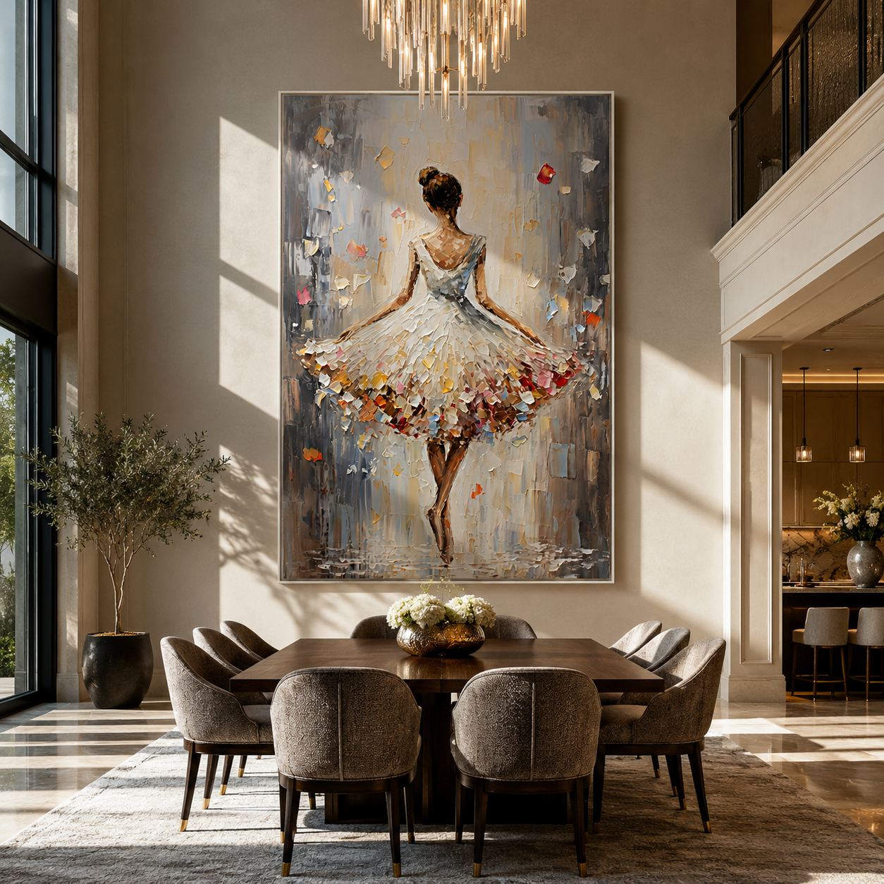 Confetti Hem Holds Balance - white ballet dancer by Marcus Lau, Retro Modern vertical wall art – styled room scene view 3