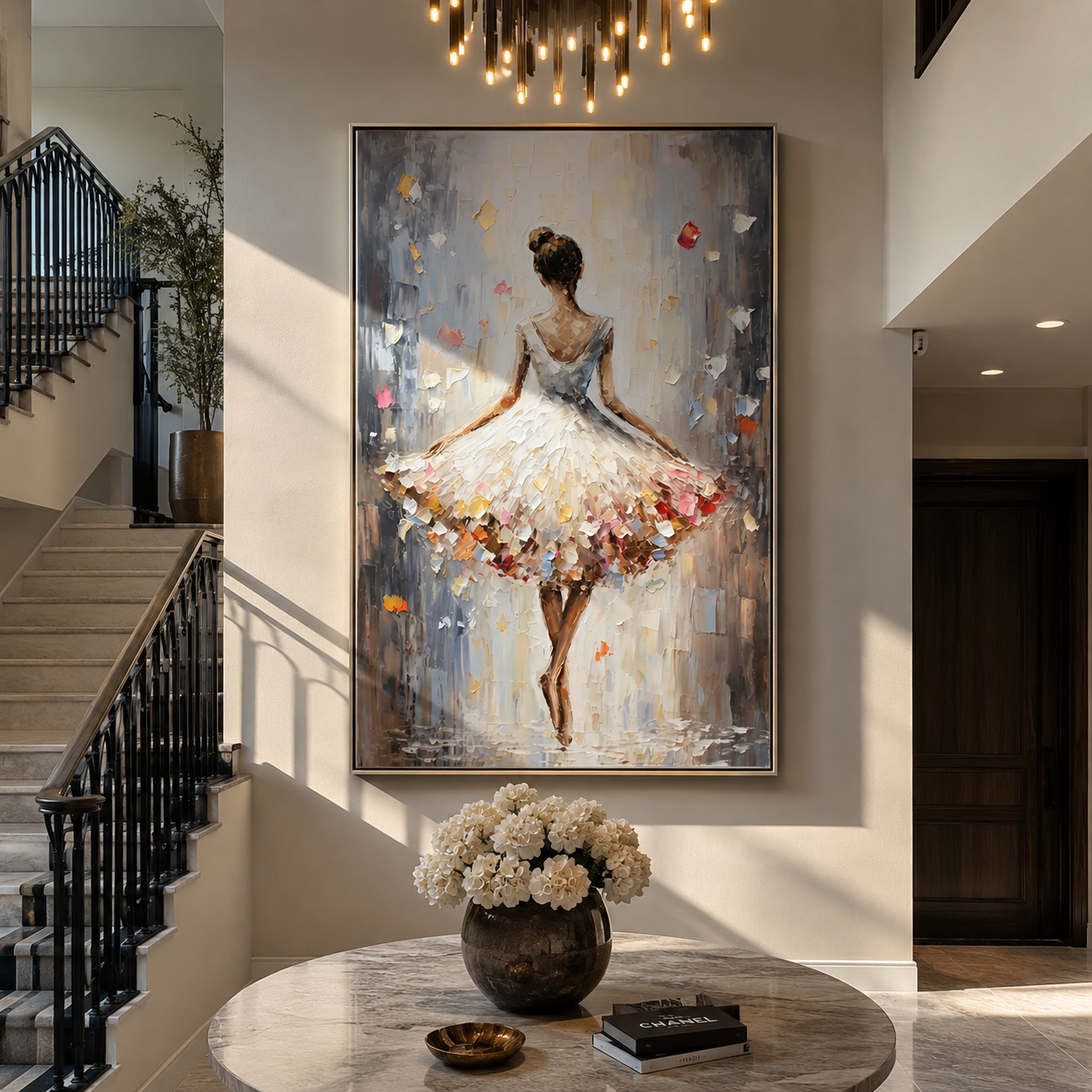 Confetti Hem Holds Balance - white ballet dancer by Marcus Lau, Retro Modern vertical wall art – styled room scene view 4