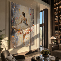 Confetti Hem Holds Balance - white ballet dancer by Marcus Lau, Retro Modern vertical wall art – styled room scene view 5