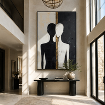 Split Figures Stand Together - black and white couple by Marcus Lau, Retro Modern vertical wall art – styled room scene view 1