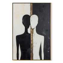 Split Figures Stand Together - black and white couple by Marcus Lau, Retro Modern vertical wall art – wood frame on white background