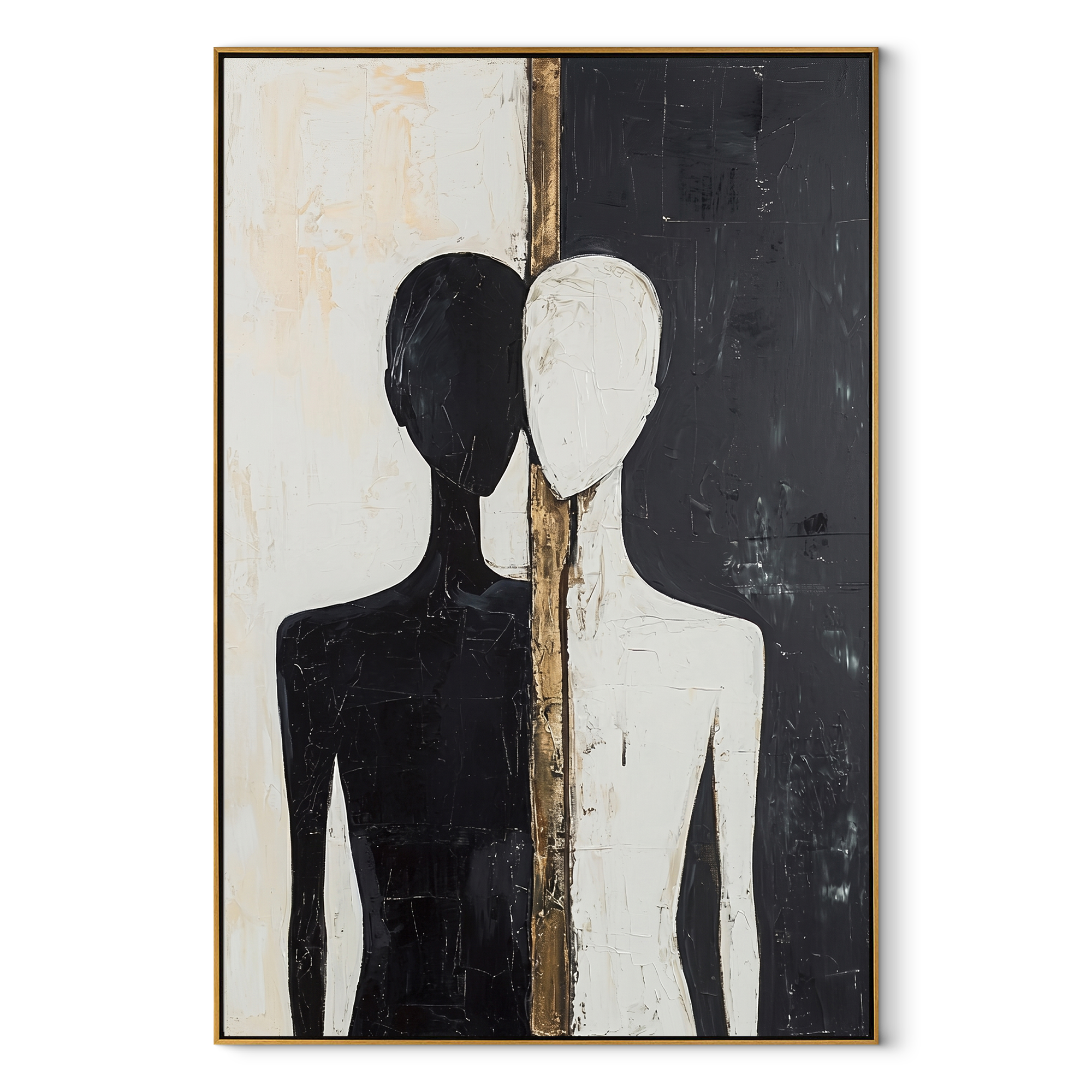 Split Figures Stand Together - black and white couple by Marcus Lau, Retro Modern vertical wall art – wood frame on white background