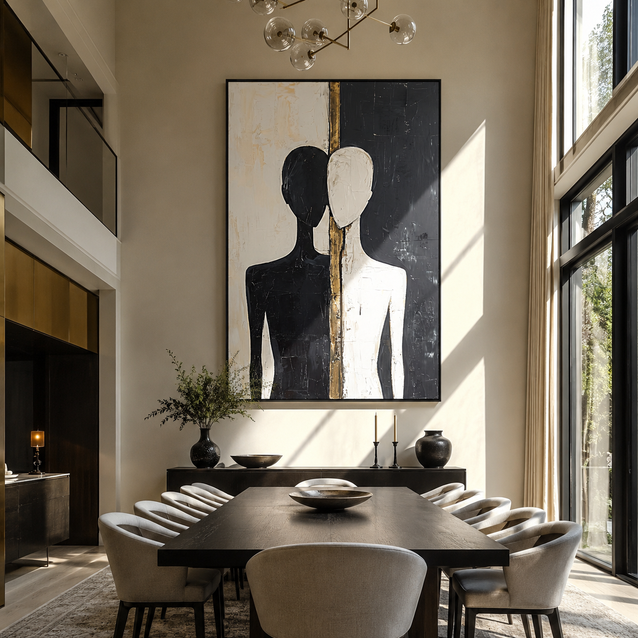 Split Figures Stand Together - black and white couple by Marcus Lau, Retro Modern vertical wall art – styled room scene view 2