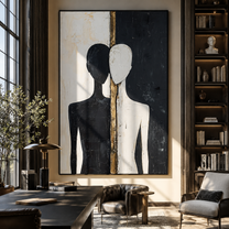 Split Figures Stand Together - black and white couple by Marcus Lau, Retro Modern vertical wall art – styled room scene view 3