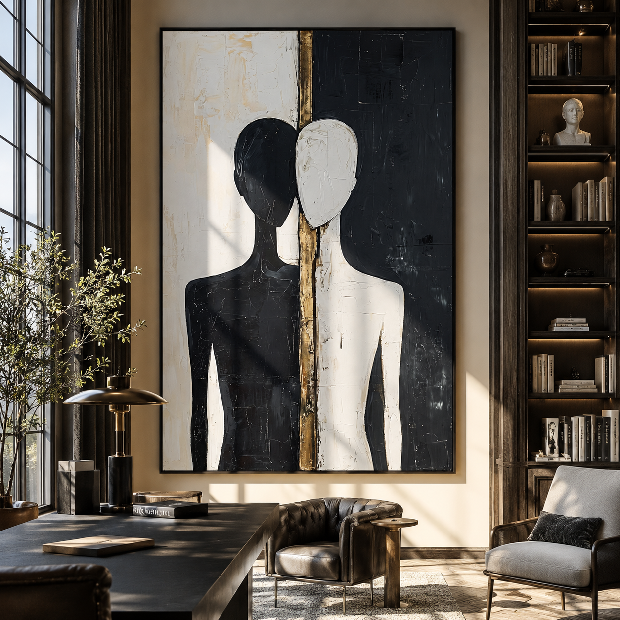 Split Figures Stand Together - black and white couple by Marcus Lau, Retro Modern vertical wall art – styled room scene view 3
