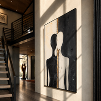 Split Figures Stand Together - black and white couple by Marcus Lau, Retro Modern vertical wall art – styled room scene view 4