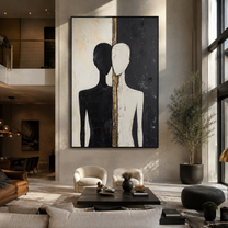 Split Figures Stand Together - black and white couple by Marcus Lau, Retro Modern vertical wall art – styled room scene view 5
