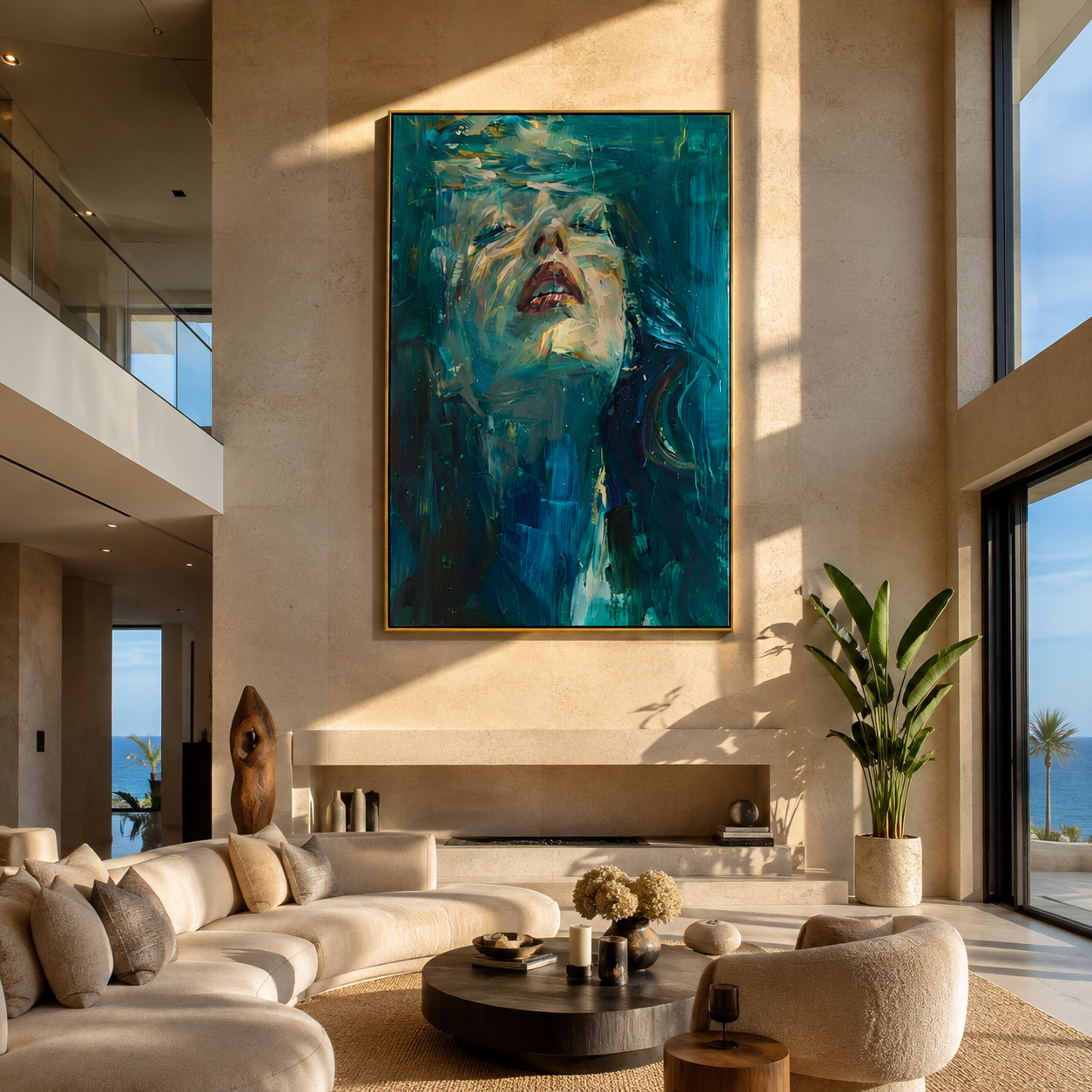 Teal Water Lifts Her - submerged teal woman by Marcus Lau, Retro Modern vertical wall art – styled room scene view 1