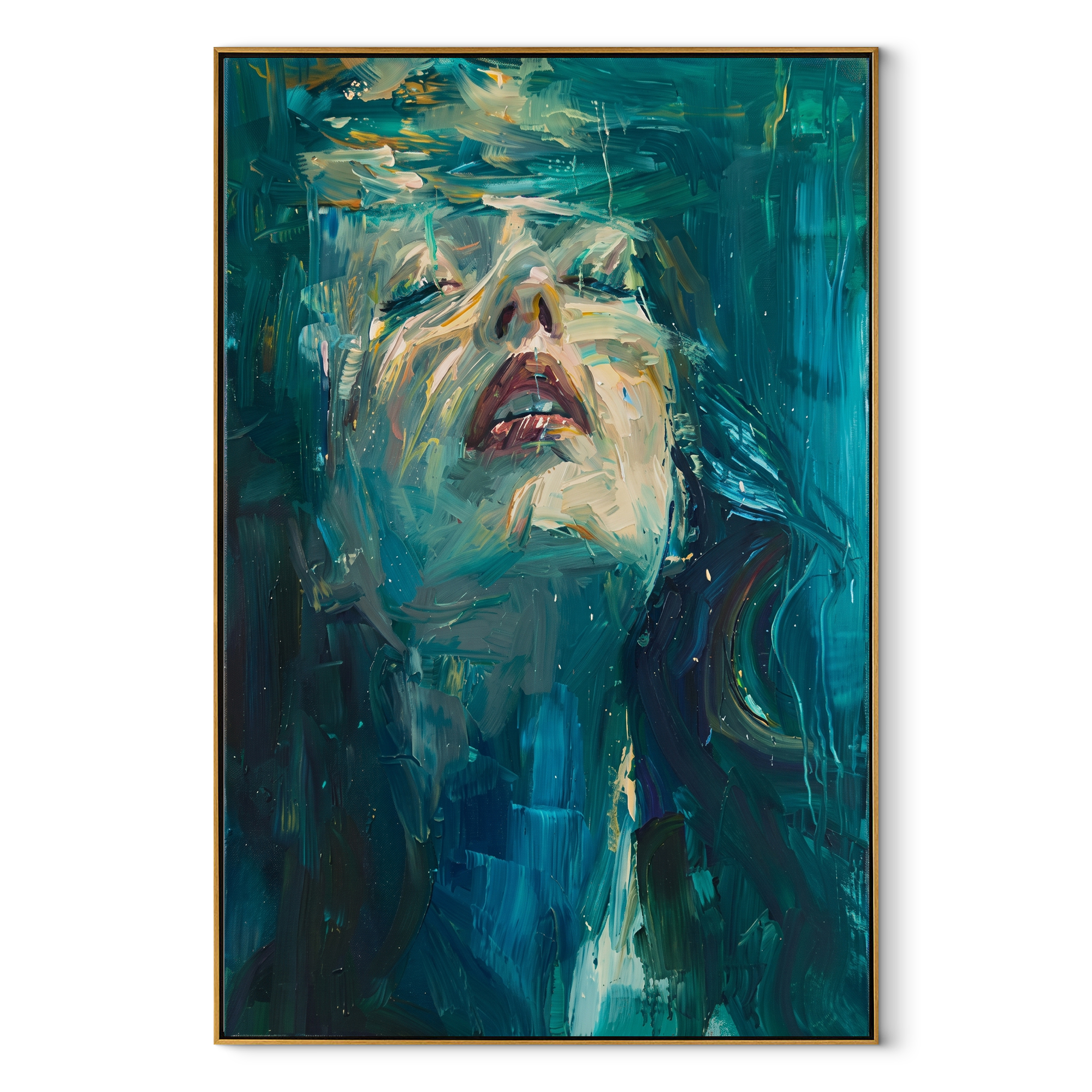 Teal Water Lifts Her - submerged teal woman by Marcus Lau, Retro Modern vertical wall art – wood frame on white background