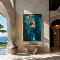Teal Water Lifts Her - submerged teal woman by Marcus Lau, Retro Modern vertical wall art – styled room scene view 2