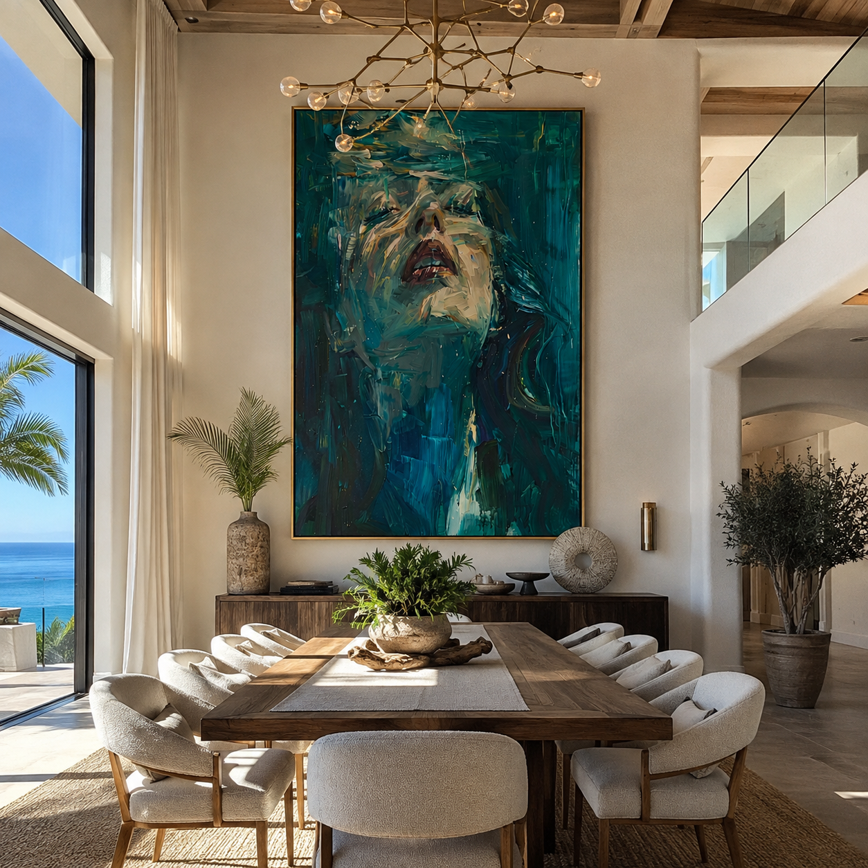 Teal Water Lifts Her - submerged teal woman by Marcus Lau, Retro Modern vertical wall art – styled room scene view 3