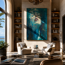 Teal Water Lifts Her - submerged teal woman by Marcus Lau, Retro Modern vertical wall art – styled room scene view 4
