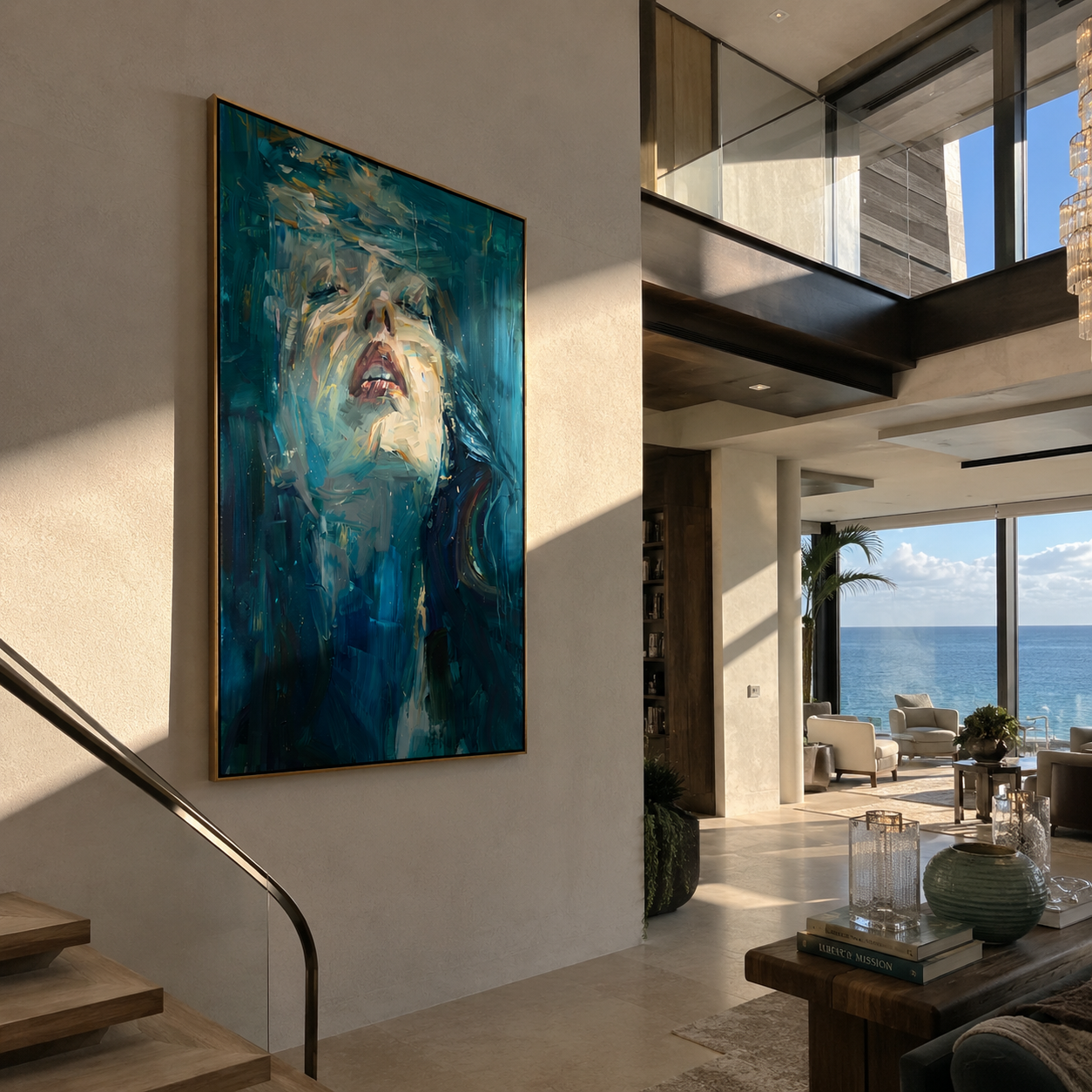 Teal Water Lifts Her - submerged teal woman by Marcus Lau, Retro Modern vertical wall art – styled room scene view 5