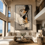 Ivory Profile Turns Inward - textured woman profile by Marcus Lau, Retro Modern vertical wall art – styled room scene view 1