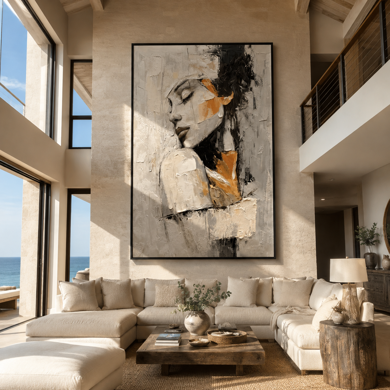 Ivory Profile Turns Inward - textured woman profile by Marcus Lau, Retro Modern vertical wall art – styled room scene view 1