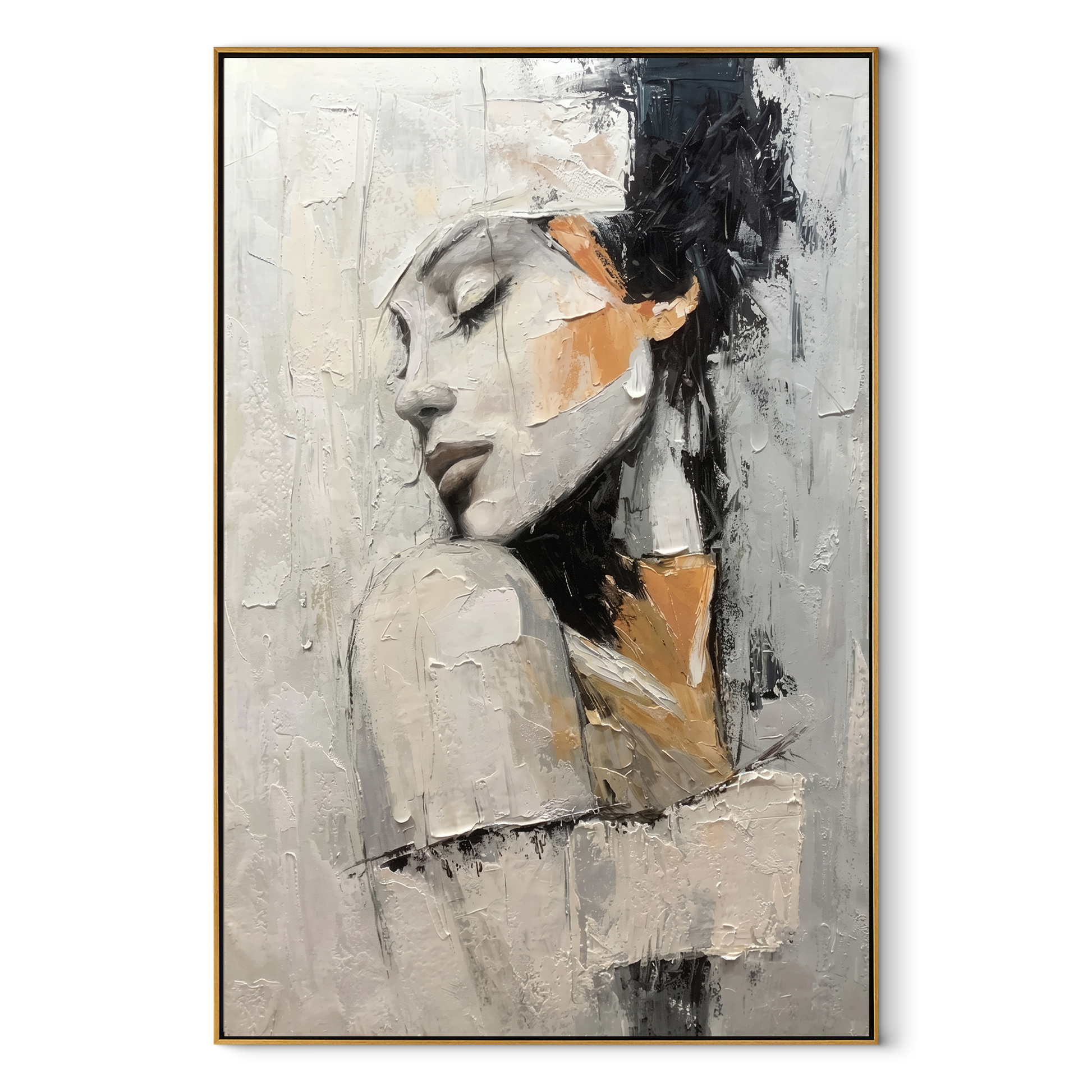 Ivory Profile Turns Inward - textured woman profile by Marcus Lau, Retro Modern vertical wall art – wood frame on white background