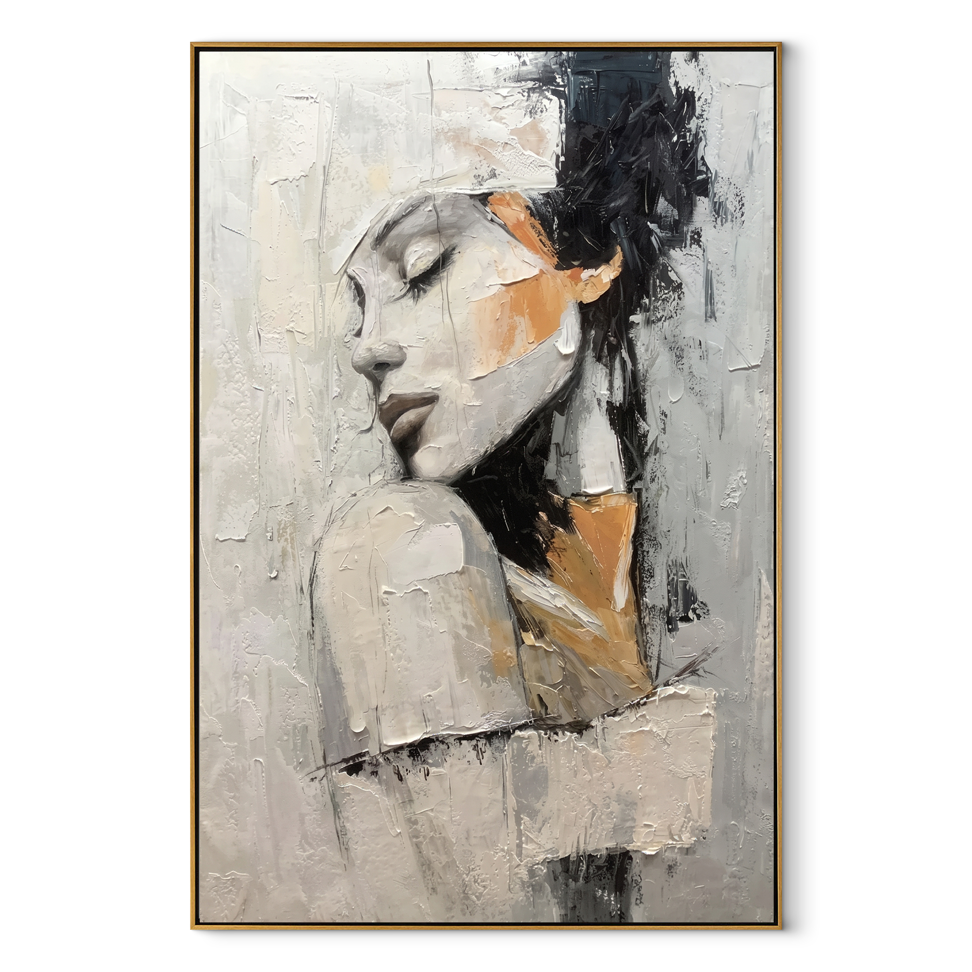Ivory Profile Turns Inward - textured woman profile by Marcus Lau, Retro Modern vertical wall art – wood frame on white background