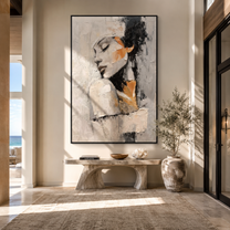 Ivory Profile Turns Inward - textured woman profile by Marcus Lau, Retro Modern vertical wall art – styled room scene view 2
