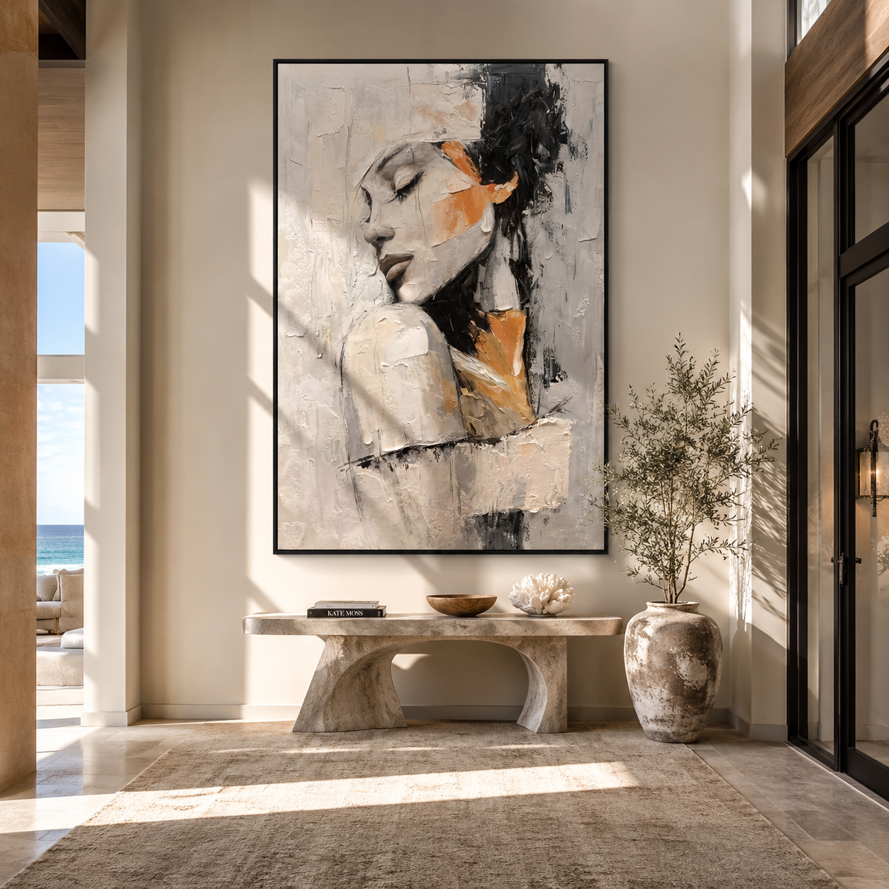 Ivory Profile Turns Inward - textured woman profile by Marcus Lau, Retro Modern vertical wall art – styled room scene view 2