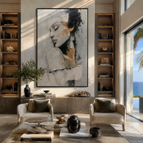 Ivory Profile Turns Inward - textured woman profile by Marcus Lau, Retro Modern vertical wall art – styled room scene view 4