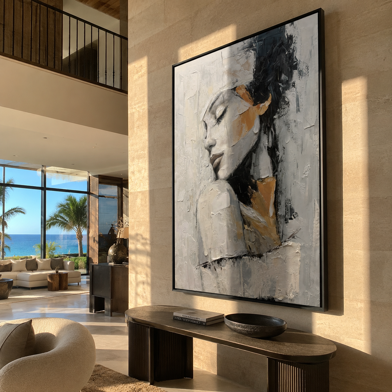 Ivory Profile Turns Inward - textured woman profile by Marcus Lau, Retro Modern vertical wall art – styled room scene view 5