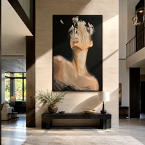 Butterfly Crosses Hidden Face - dark woman with butterfly by Marcus Lau, Retro Modern vertical wall art – styled room scene view 1