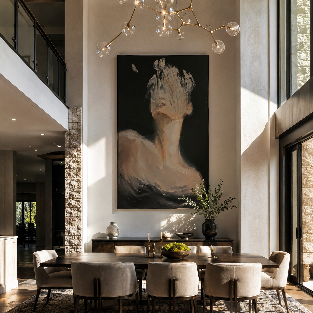 Butterfly Crosses Hidden Face - dark woman with butterfly by Marcus Lau, Retro Modern vertical wall art – styled room scene view 2