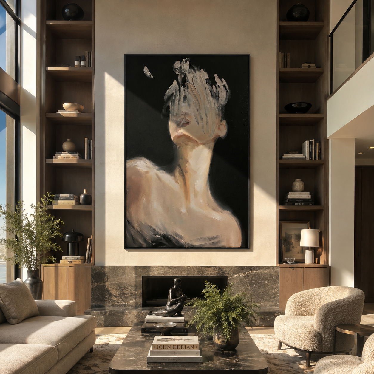 Butterfly Crosses Hidden Face - dark woman with butterfly by Marcus Lau, Retro Modern vertical wall art – styled room scene view 3