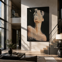 Butterfly Crosses Hidden Face - dark woman with butterfly by Marcus Lau, Retro Modern vertical wall art – styled room scene view 4