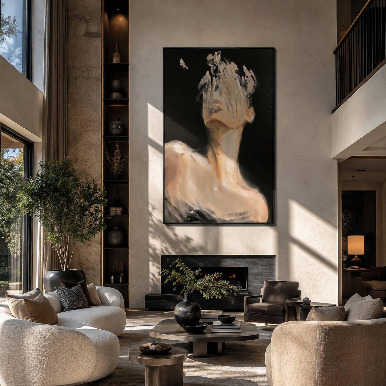 Butterfly Crosses Hidden Face - dark woman with butterfly by Marcus Lau, Retro Modern vertical wall art – styled room scene view 6
