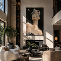 Butterfly Crosses Hidden Face - dark woman with butterfly by Marcus Lau, Retro Modern vertical wall art – styled room scene view 6