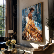 Golden Violin Waits Quietly - woman holding violin by Marcus Lau, Retro Modern vertical wall art – styled room scene view 1
