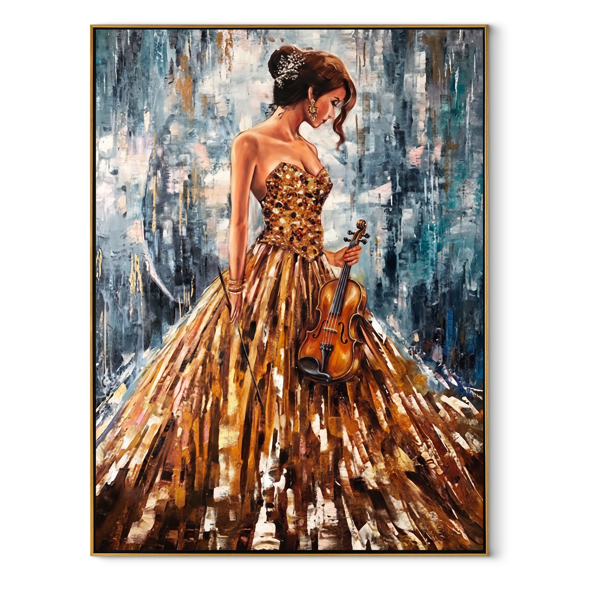 Golden Violin Waits Quietly - woman holding violin by Marcus Lau, Retro Modern vertical wall art – wood frame on white background