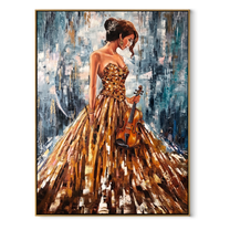 Golden Violin Waits Quietly - woman holding violin by Marcus Lau, Retro Modern vertical wall art – wood frame on white background