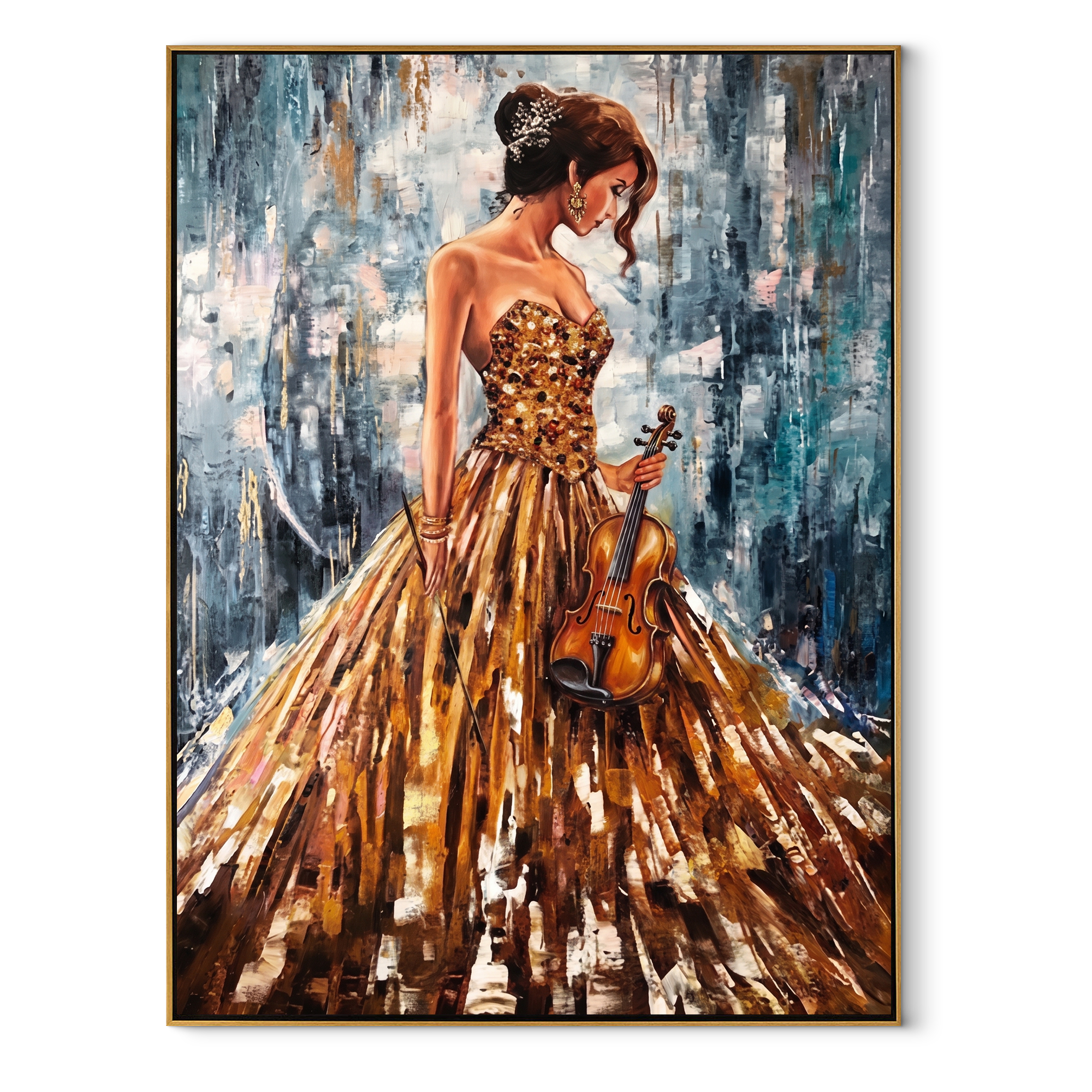 Golden Violin Waits Quietly - woman holding violin by Marcus Lau, Retro Modern vertical wall art – wood frame on white background