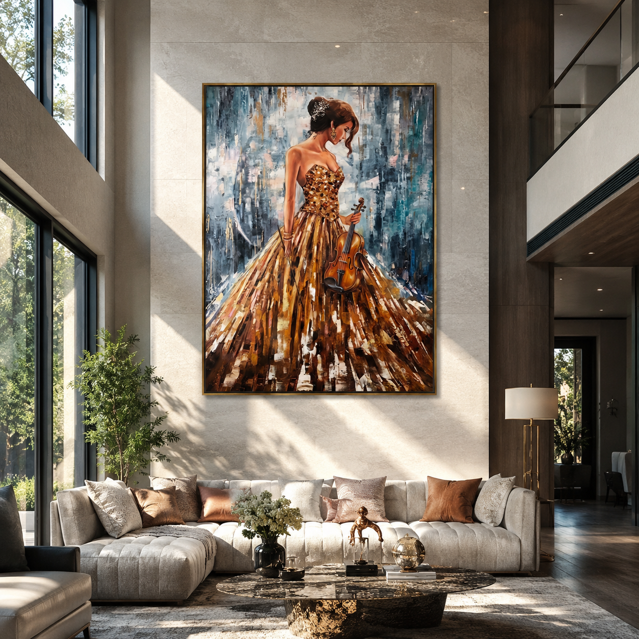 Golden Violin Waits Quietly - woman holding violin by Marcus Lau, Retro Modern vertical wall art – styled room scene view 2