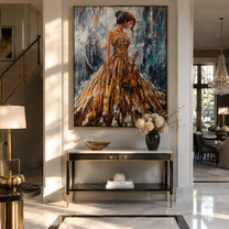 Golden Violin Waits Quietly - woman holding violin by Marcus Lau, Retro Modern vertical wall art – styled room scene view 3