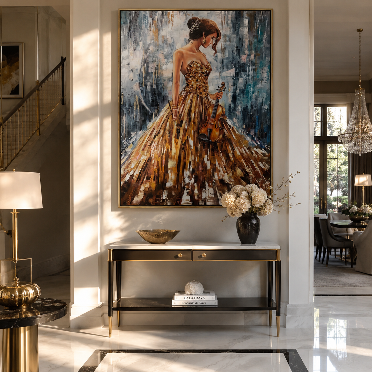 Golden Violin Waits Quietly - woman holding violin by Marcus Lau, Retro Modern vertical wall art – styled room scene view 3