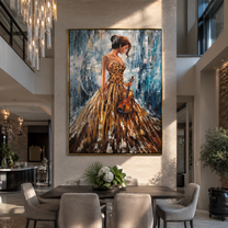 Golden Violin Waits Quietly - woman holding violin by Marcus Lau, Retro Modern vertical wall art – styled room scene view 4