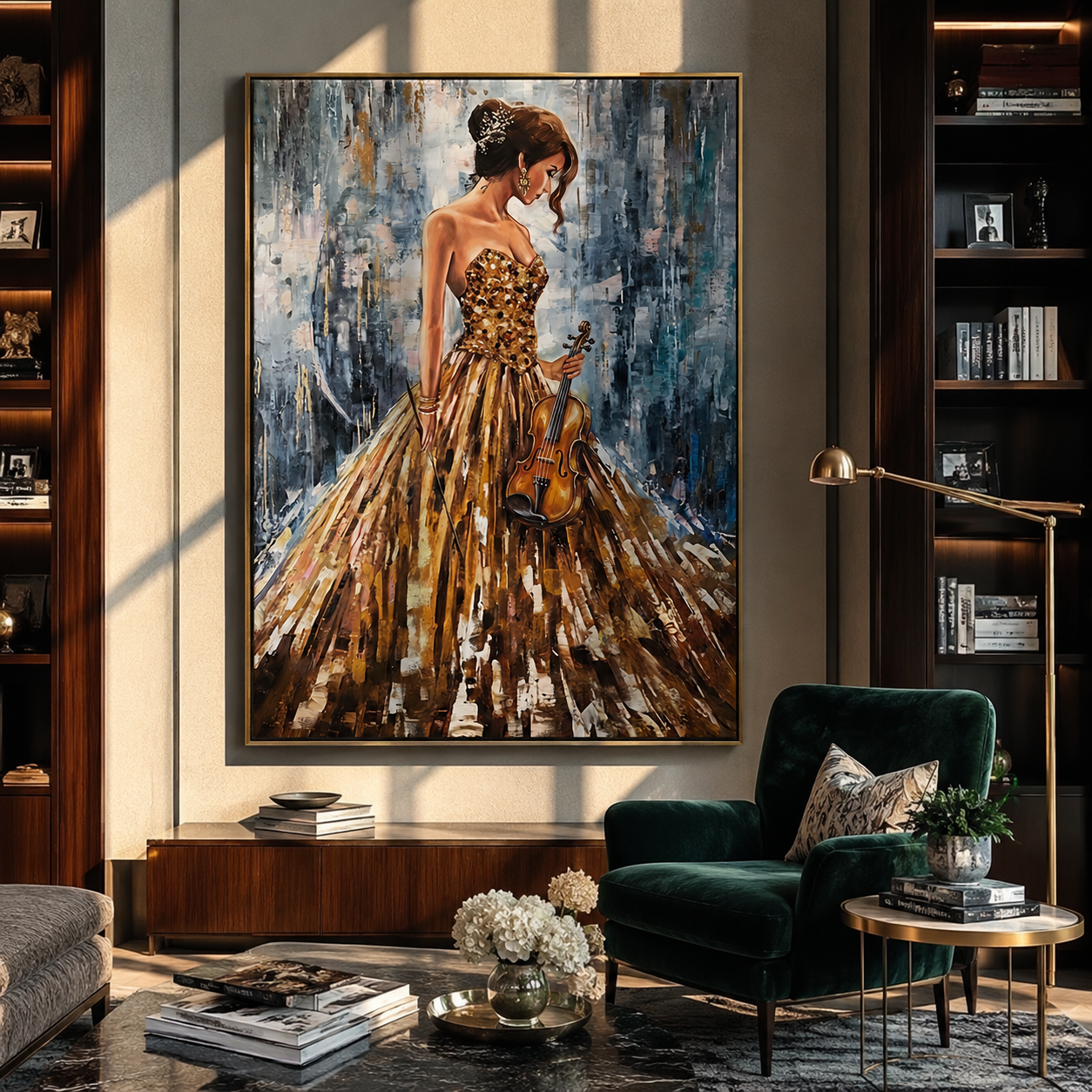 Golden Violin Waits Quietly - woman holding violin by Marcus Lau, Retro Modern vertical wall art – styled room scene view 5
