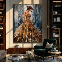 Golden Violin Waits Quietly - woman holding violin by Marcus Lau, Retro Modern vertical wall art – styled room scene view 5