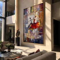Two Dancers Trade Fire - red and white dancers by Marcus Lau, Retro Modern vertical wall art – styled room scene view 1