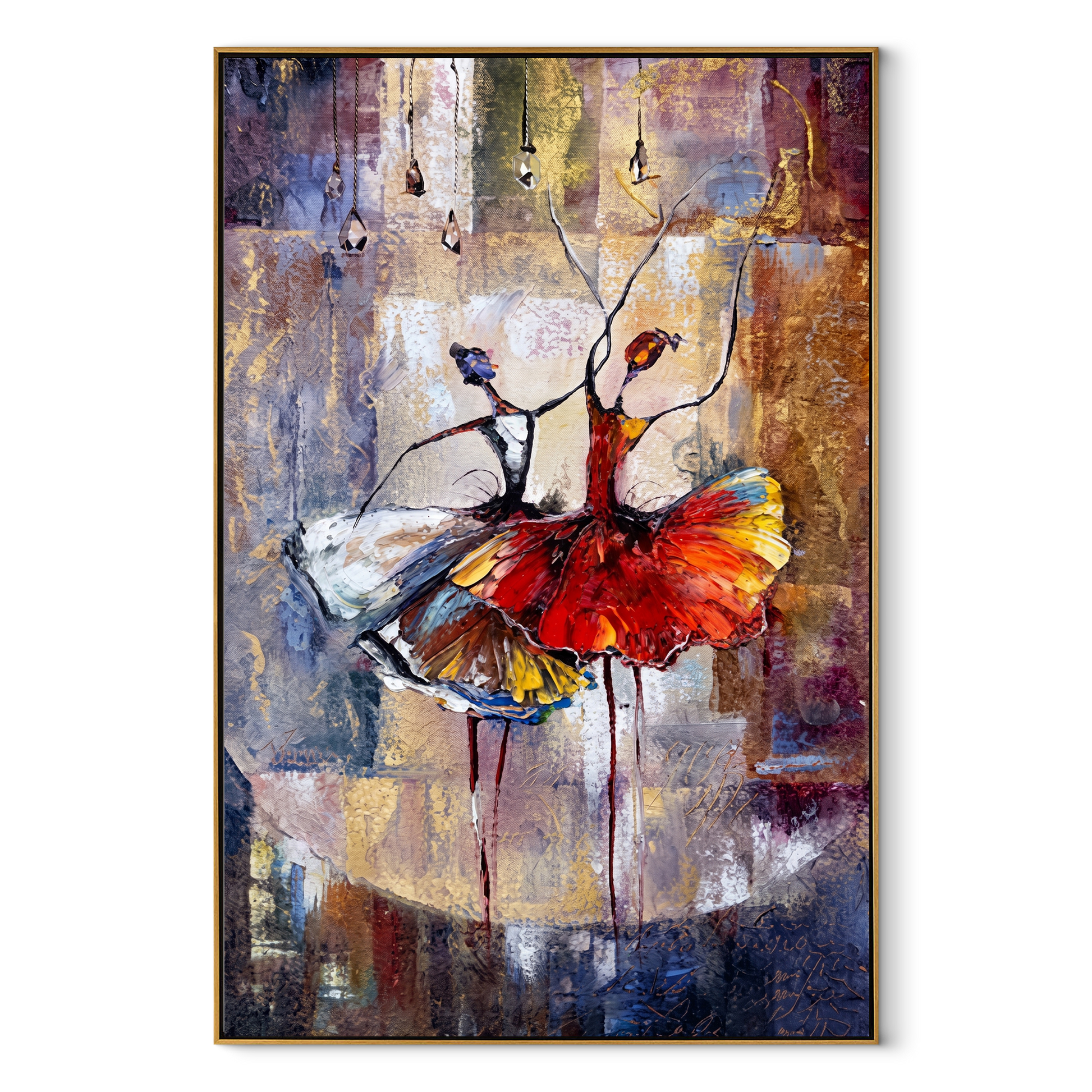 Two Dancers Trade Fire - red and white dancers by Marcus Lau, Retro Modern vertical wall art – wood frame on white background