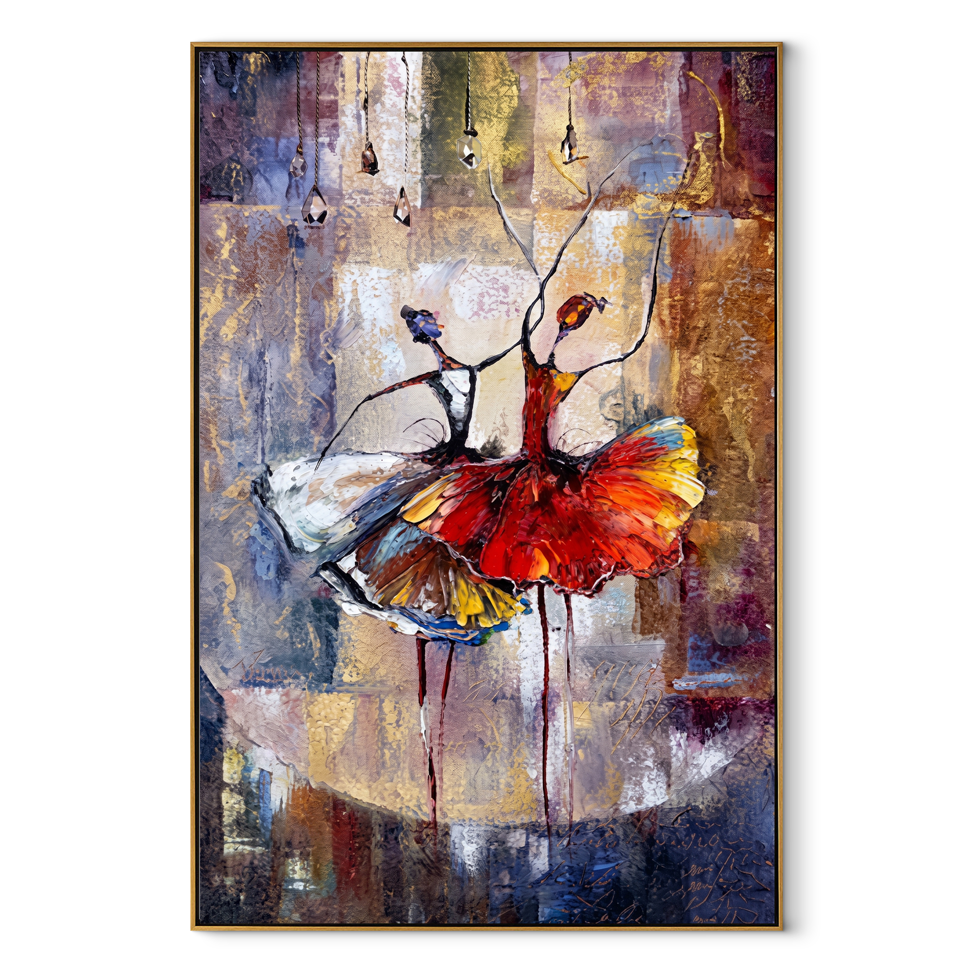 Two Dancers Trade Fire - red and white dancers by Marcus Lau, Retro Modern vertical wall art – wood frame on white background