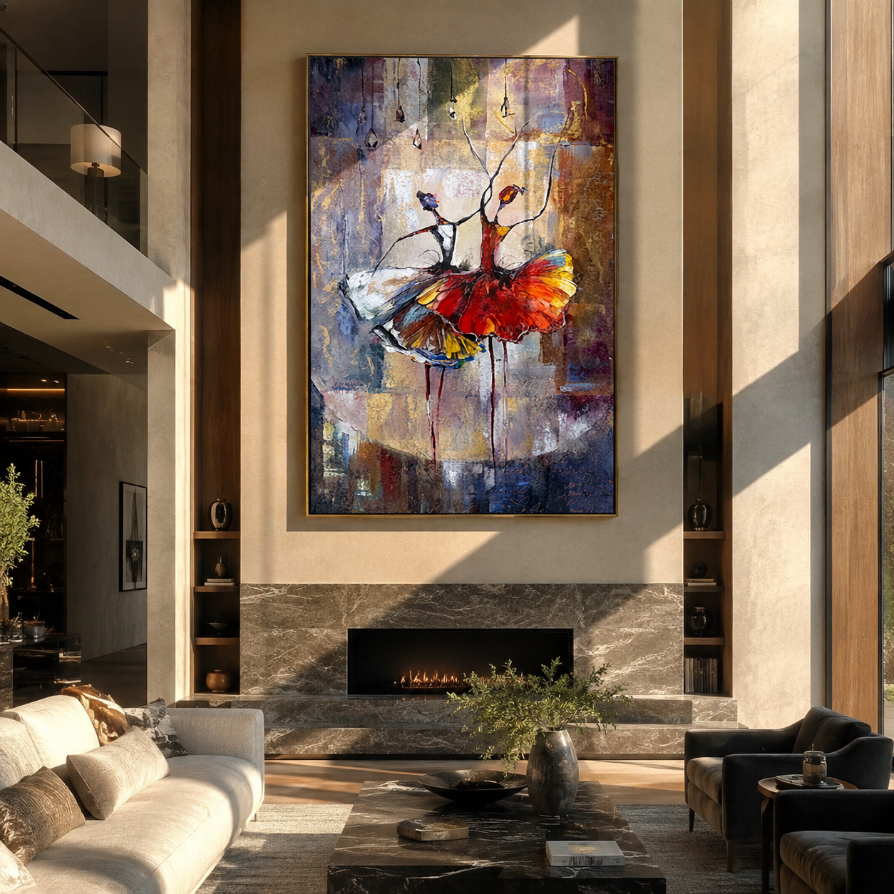 Two Dancers Trade Fire - red and white dancers by Marcus Lau, Retro Modern vertical wall art – styled room scene view 2