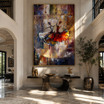 Two Dancers Trade Fire - red and white dancers by Marcus Lau, Retro Modern vertical wall art – styled room scene view 3
