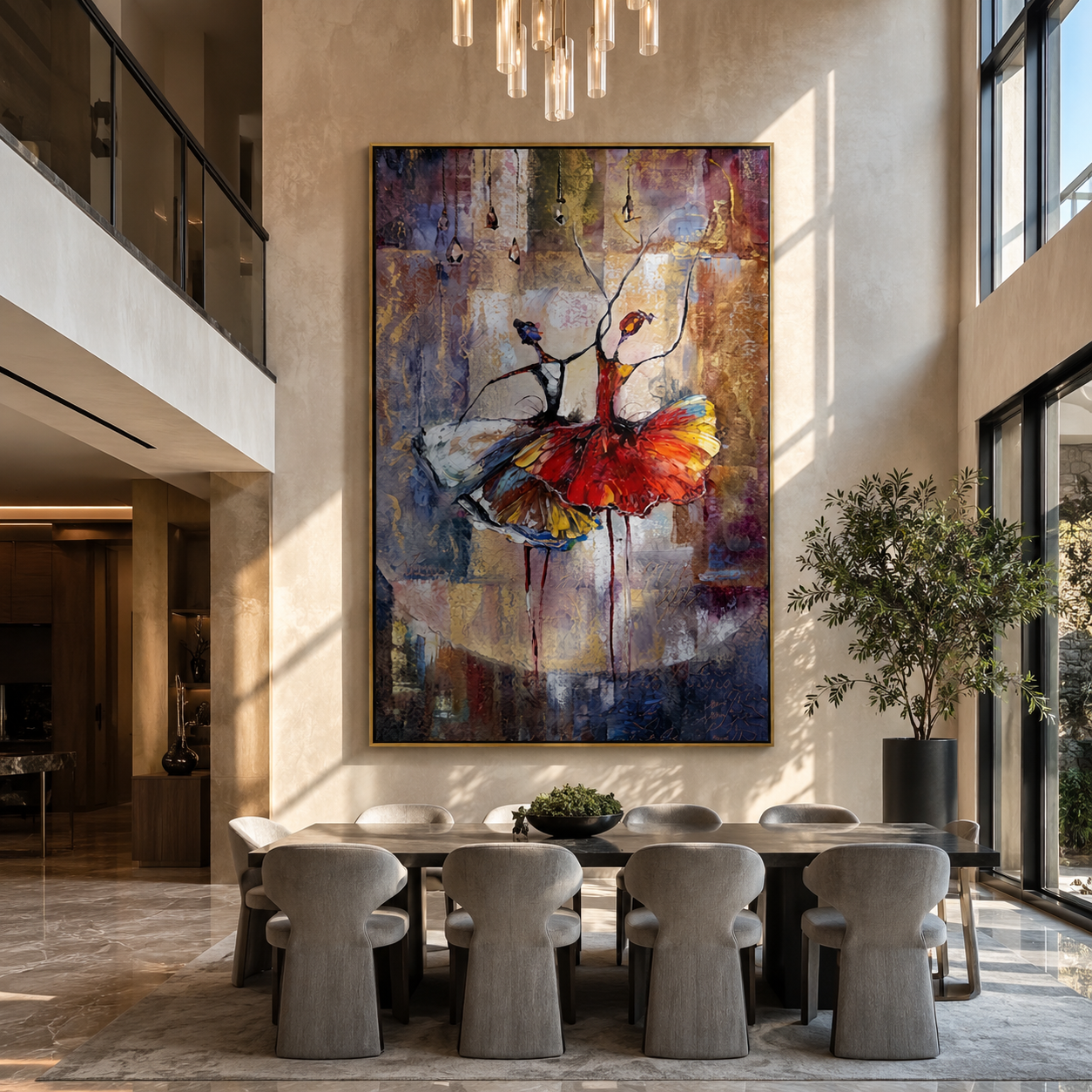 Two Dancers Trade Fire - red and white dancers by Marcus Lau, Retro Modern vertical wall art – styled room scene view 5