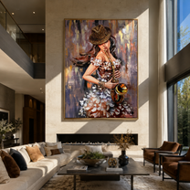 Saxophone Meets Feathered Light - woman with saxophone by Marcus Lau, Retro Modern vertical wall art – styled room scene view 1